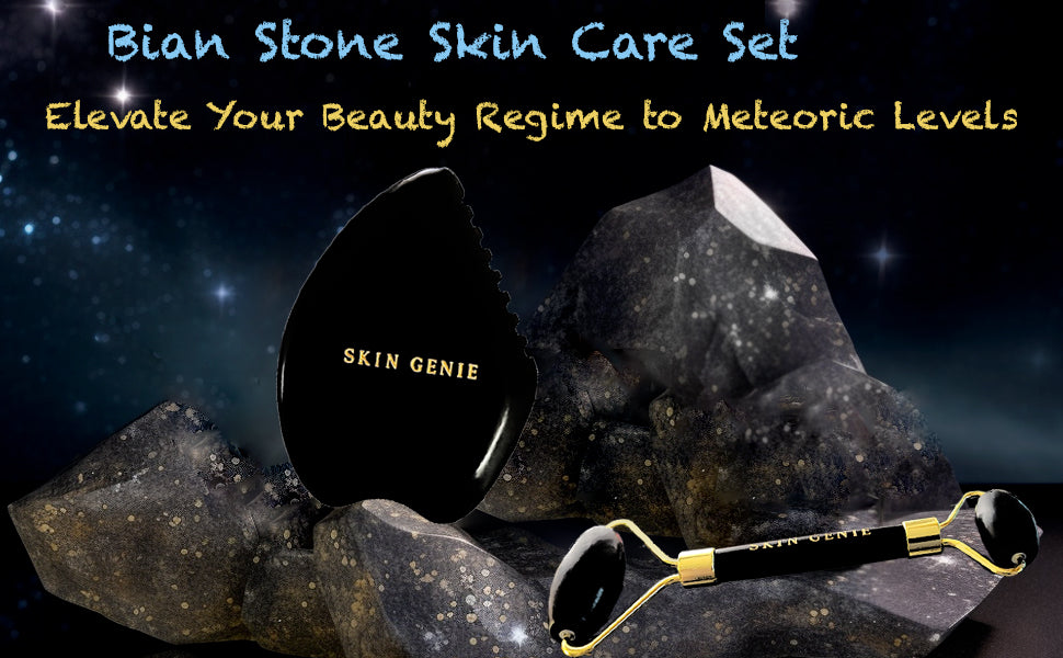 Gua Sha Facial Tool for Face Sculpting & Skin Tightening - Includes Authentic Bian Stone Dual-Sided Face & Eye Roller & 5-Edge Guasha Facial Tool & Gift-Ready Packaging for your Premium Skincare Kit