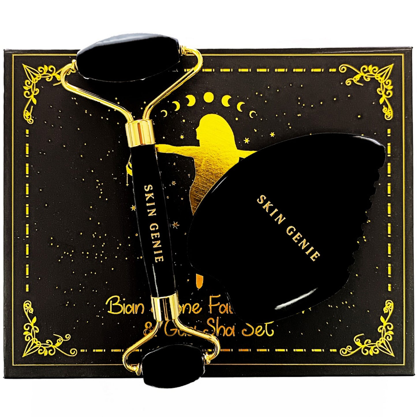 Gua Sha Facial Tool for Face Sculpting & Skin Tightening - Includes Authentic Bian Stone Dual-Sided Face & Eye Roller & 5-Edge Guasha Facial Tool & Gift-Ready Packaging for your Premium Skincare Kit