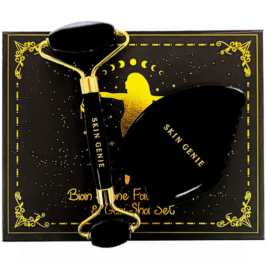 Gua Sha Facial Tool for Face Sculpting & Skin Tightening - Includes Authentic Bian Stone Dual-Sided Face & Eye Roller & 5-Edge Guasha Facial Tool & Gift-Ready Packaging for your Premium Skincare Kit