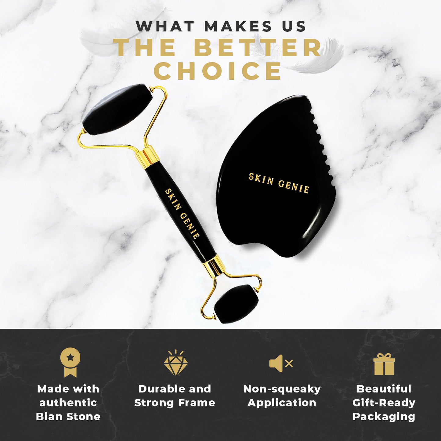 Gua Sha Facial Tool for Face Sculpting & Skin Tightening - Includes Authentic Bian Stone Dual-Sided Face & Eye Roller & 5-Edge Guasha Facial Tool & Gift-Ready Packaging for your Premium Skincare Kit