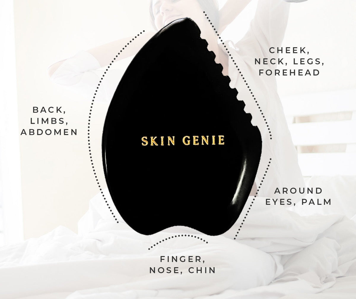 The bian stone gua sha with labels for the areas it suits
