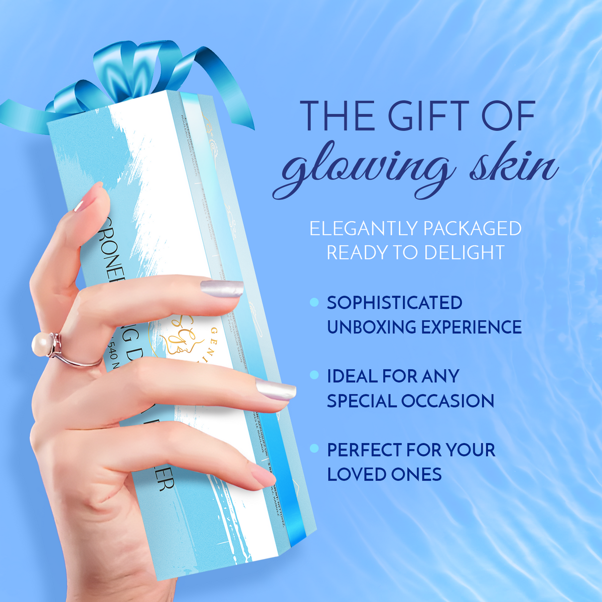 Skin Genie roller box held in hand, tied with a ribbon