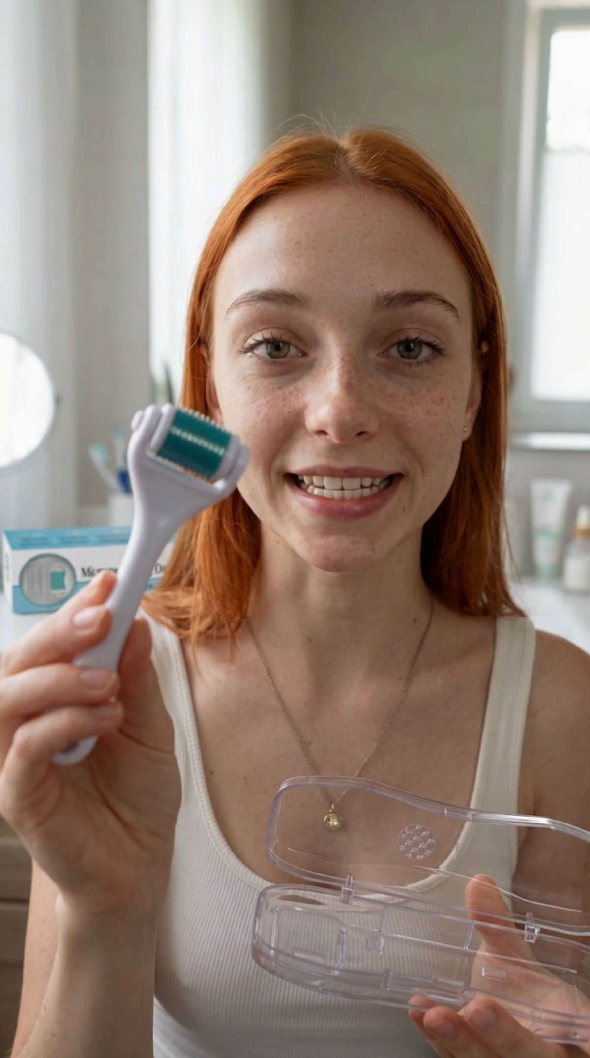 Holding the derma roller with the storage case open