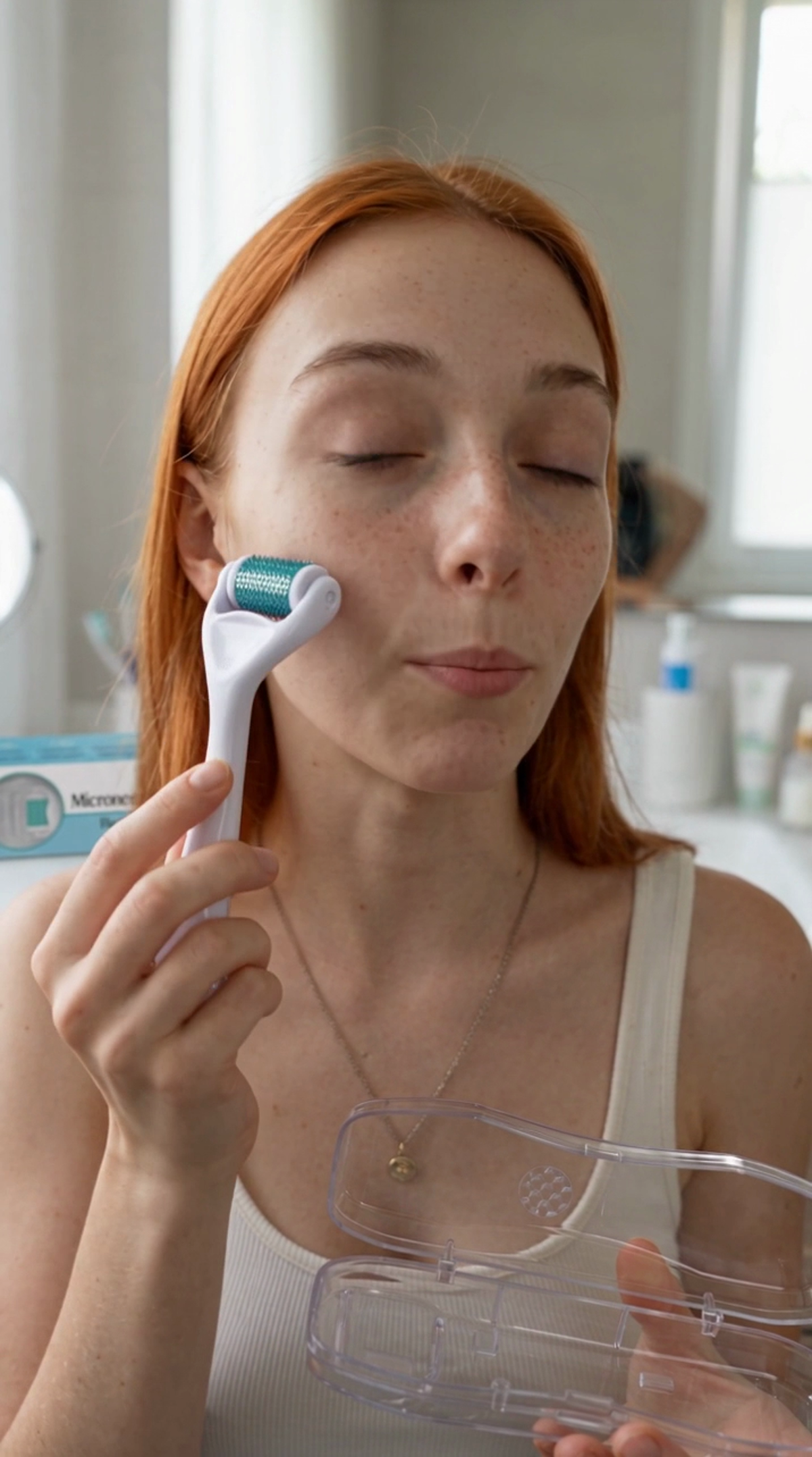 Rolling the 0.5 mm derma roller along the cheek, light pressure