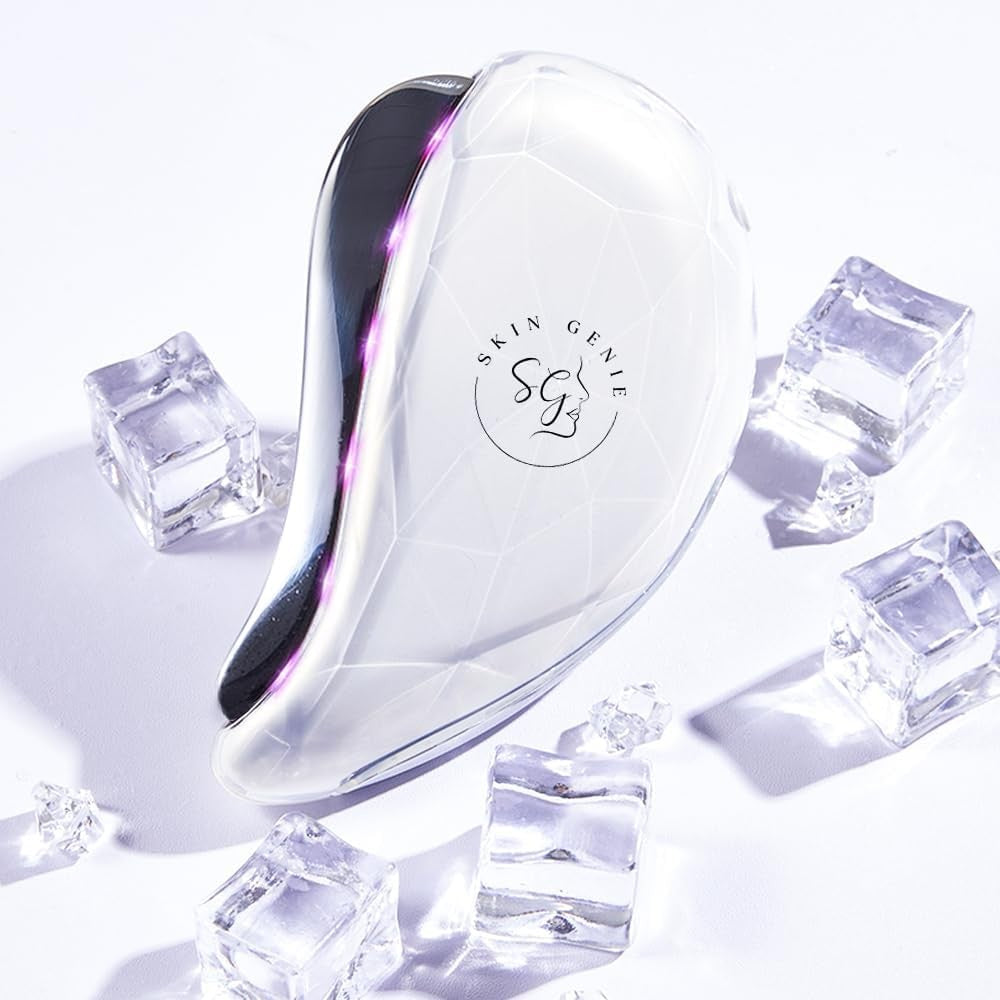 The electric gua sha in light mode beside ice cubes