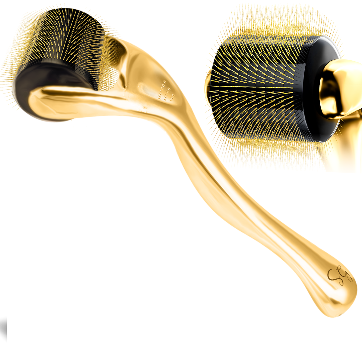 Skin Genie derma roller 1.5 mm in gold, with a close-up of the titanium needle head