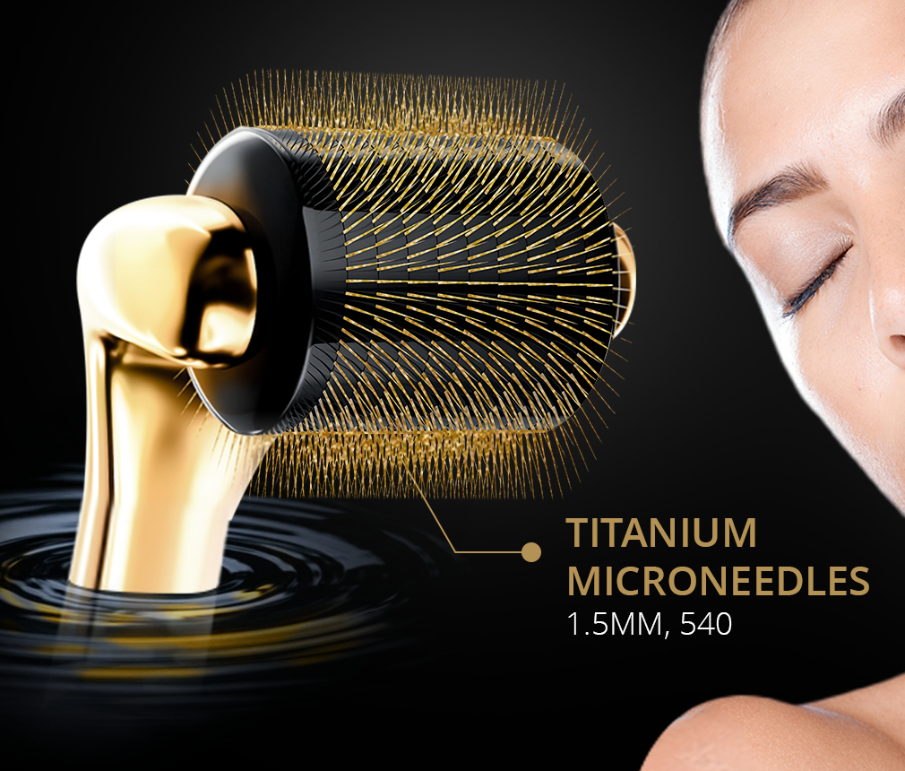 Close-up of the 1.5 mm titanium microneedles on the gold roller head